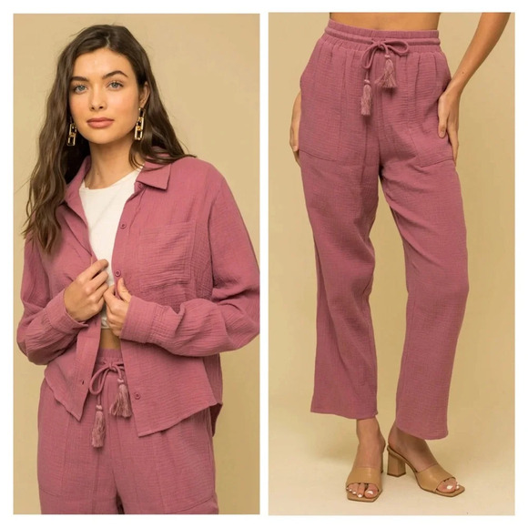100% Cotton Boho Button Down Shirt & Pants Set(Mauve) - Picture 3 of 9